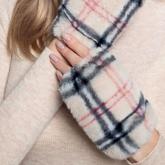 Plaid Check Patterned Faux Fur Fingerless Gloves NWT - Picture 2 of 5